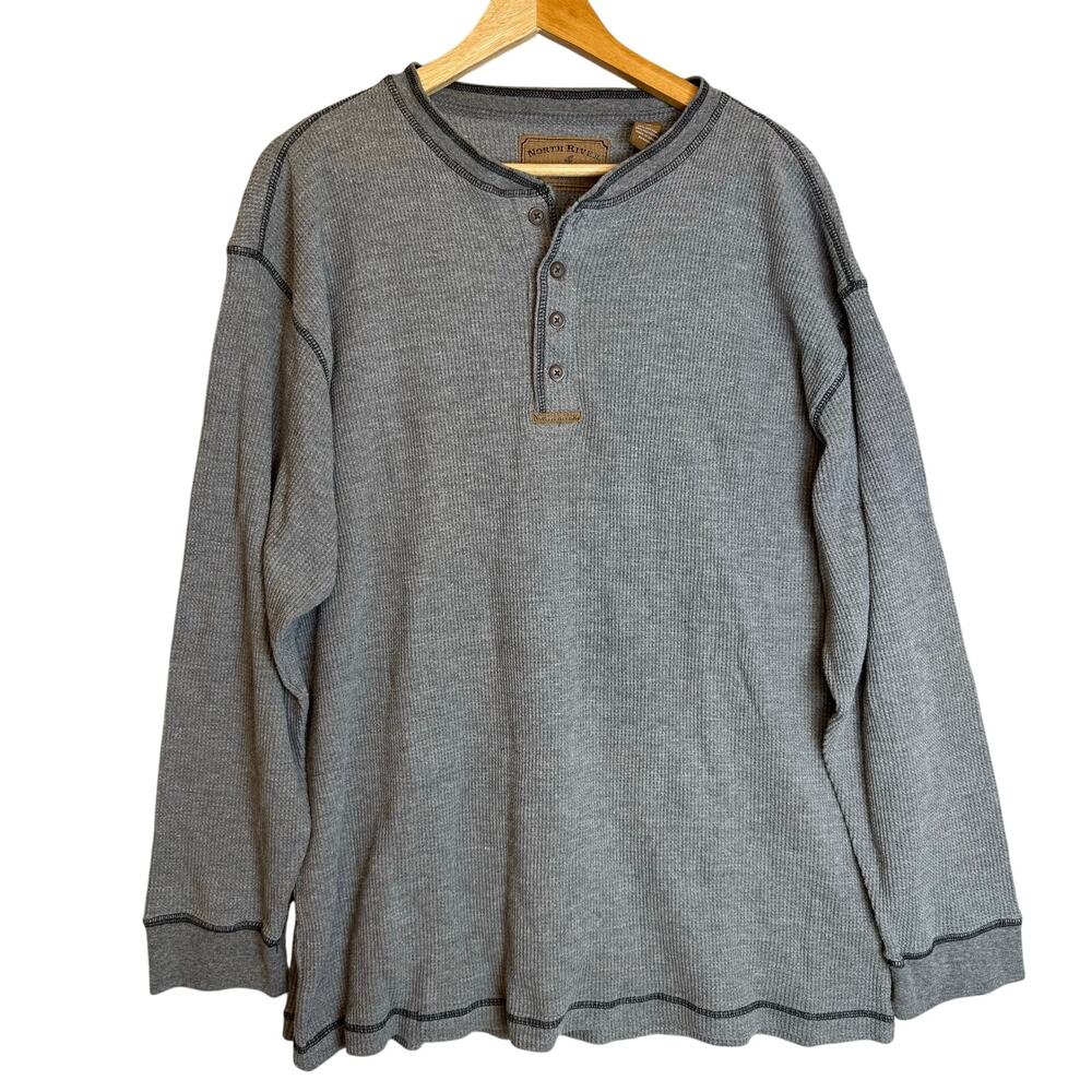 North River Thermal Henley Shirt Mens XXL Gray Work WaffleKnit Y2K Gorpcore